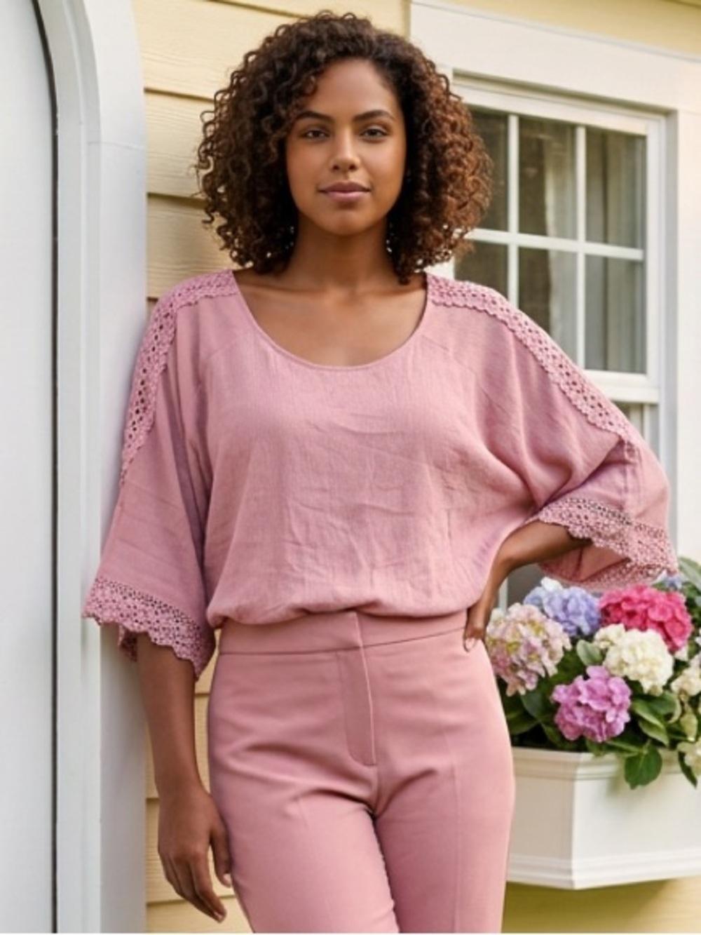 I.N. Studio Pink Solid Lace Accent Scoop Neck Kimono Short Sleeve Blouse XL